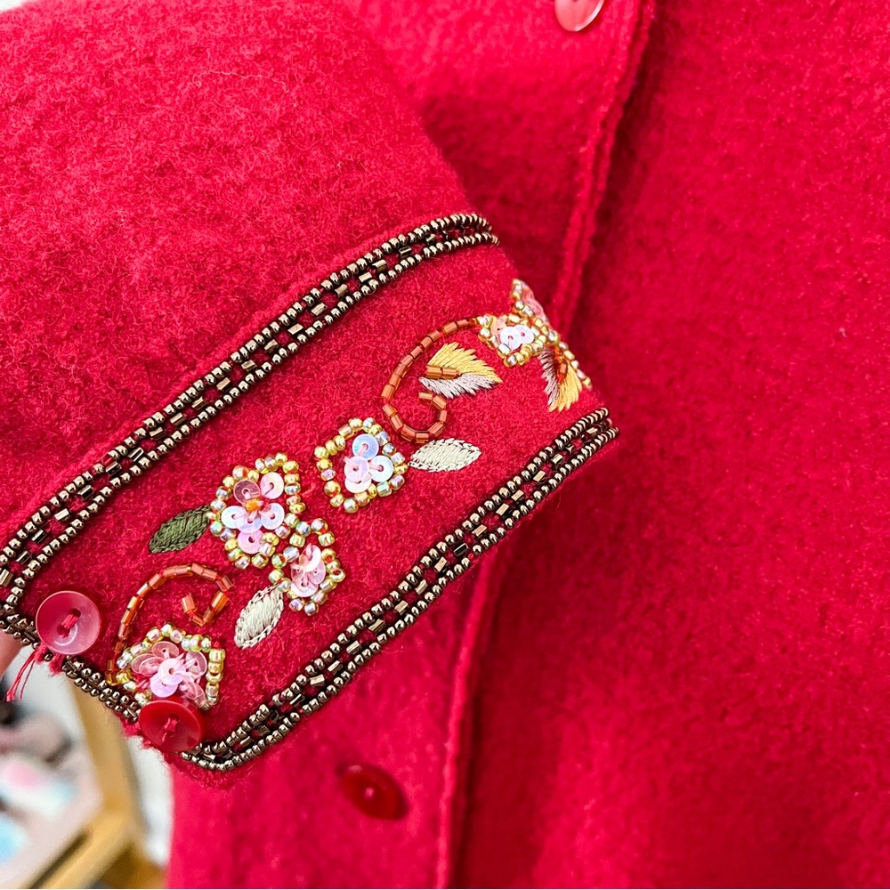 Talbots Vintage Red Wool Embroidered Beaded Jacket Large - Picture 3 of 10